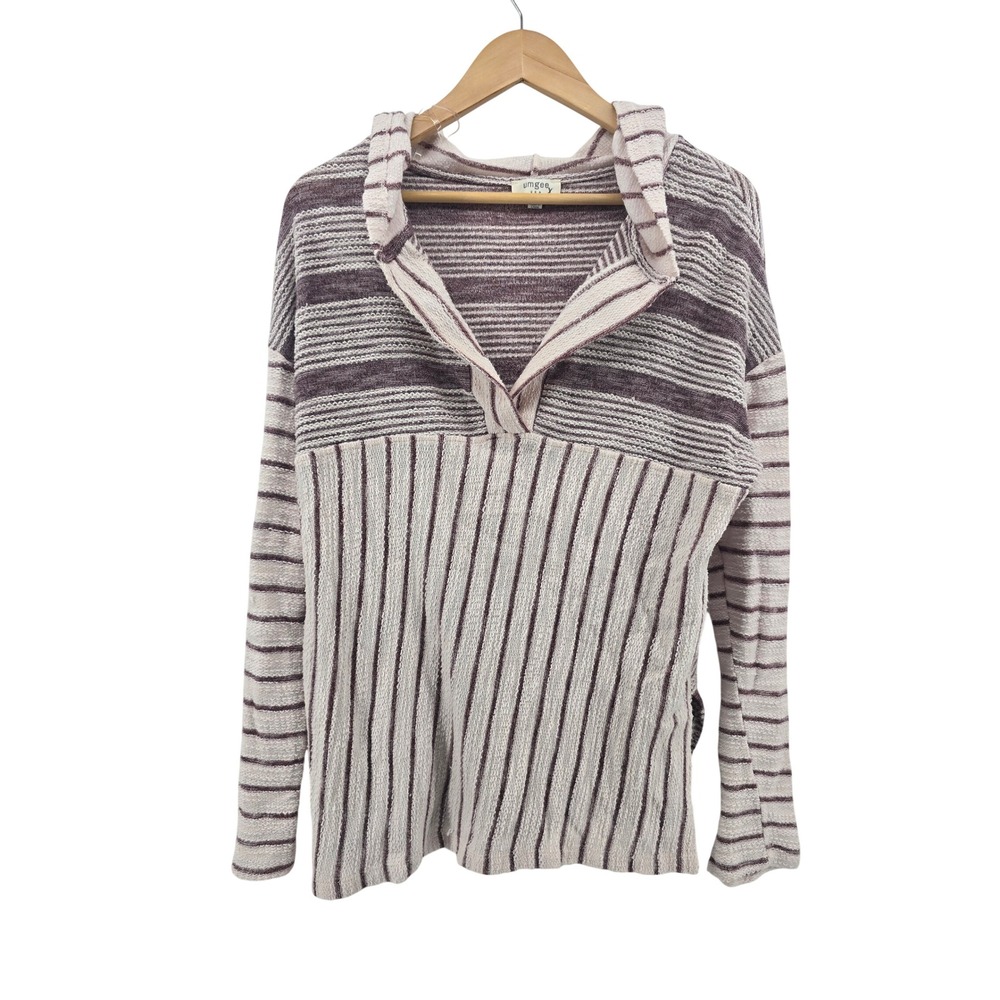 Umgee Hoodie Womens M A4488 Burgundy Cream Striped V-Neck Side Slit EUC